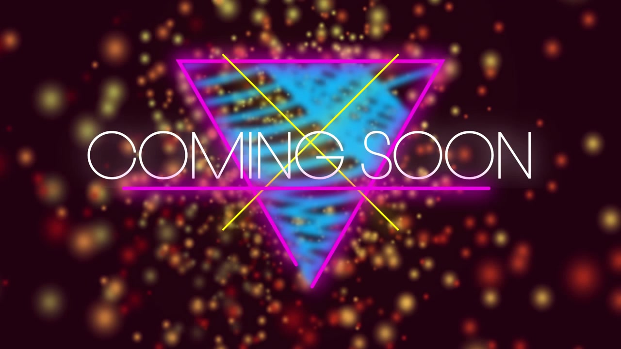 Emblema al neon che si espande da un triangolo a spirale blu, allineando "COMING SOON" e mostrando scintille dorate per la promozione.