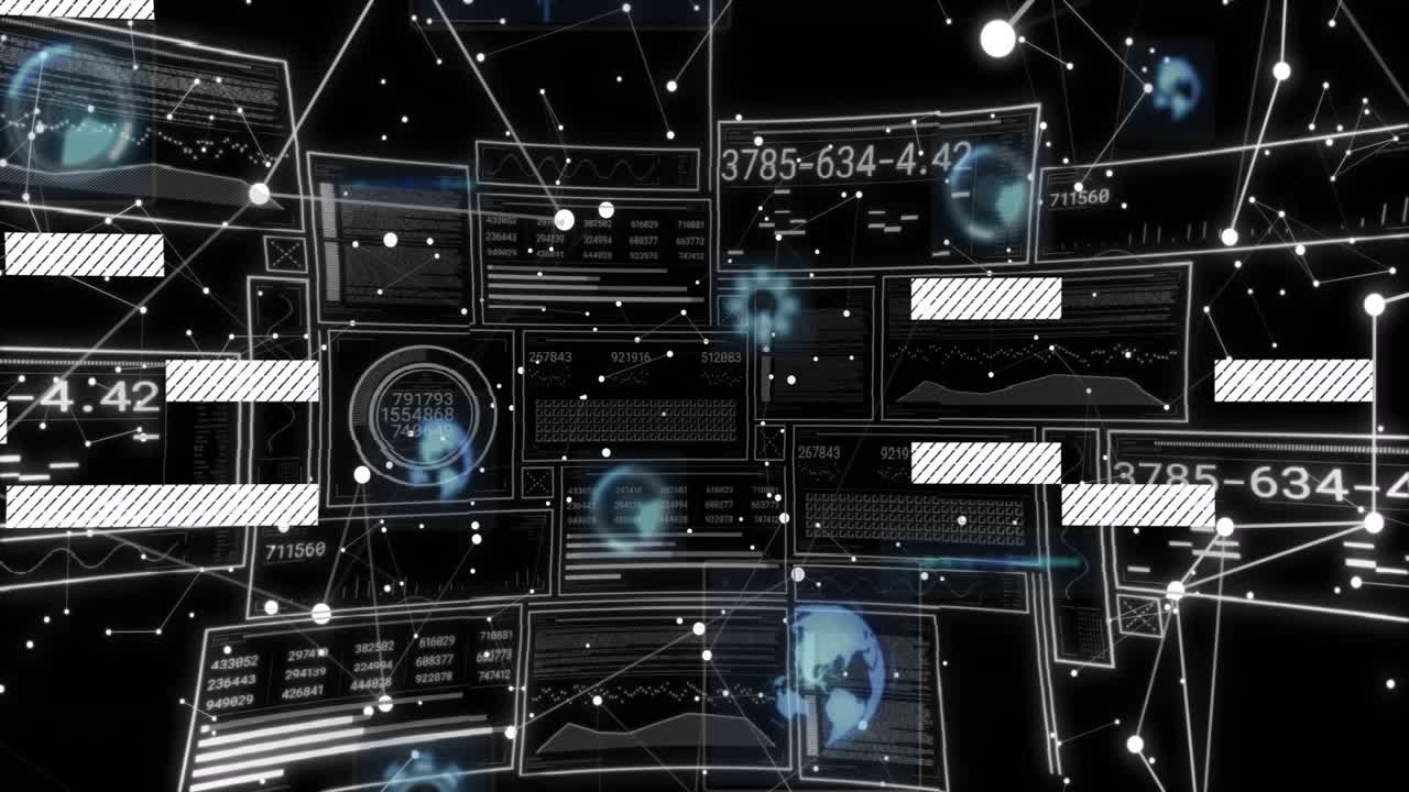 Animation of digital data and network connections with numbers and graphs