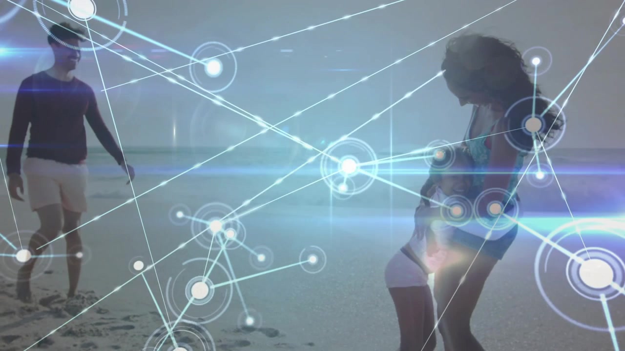 Woman holding child on beach while HUD rising early, nodes spreading over family showing tech play