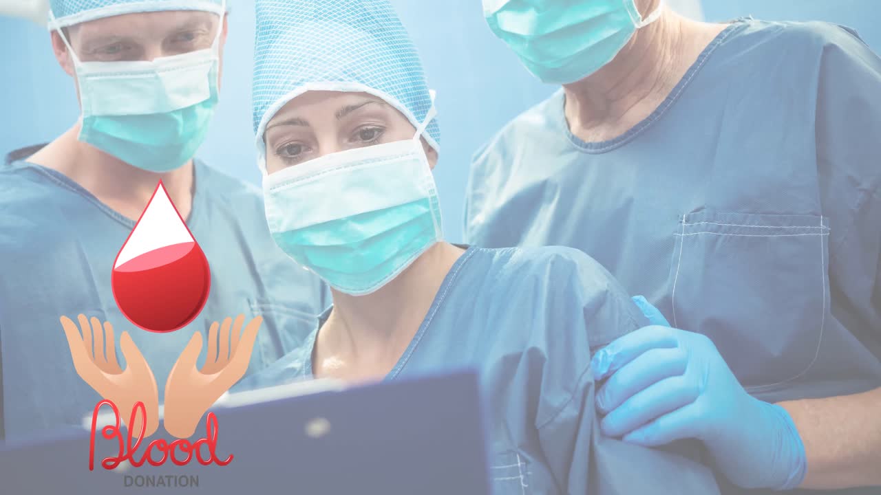 마스크를 착용한 의사들에 대한 혈액 텍스트의 애니메이션