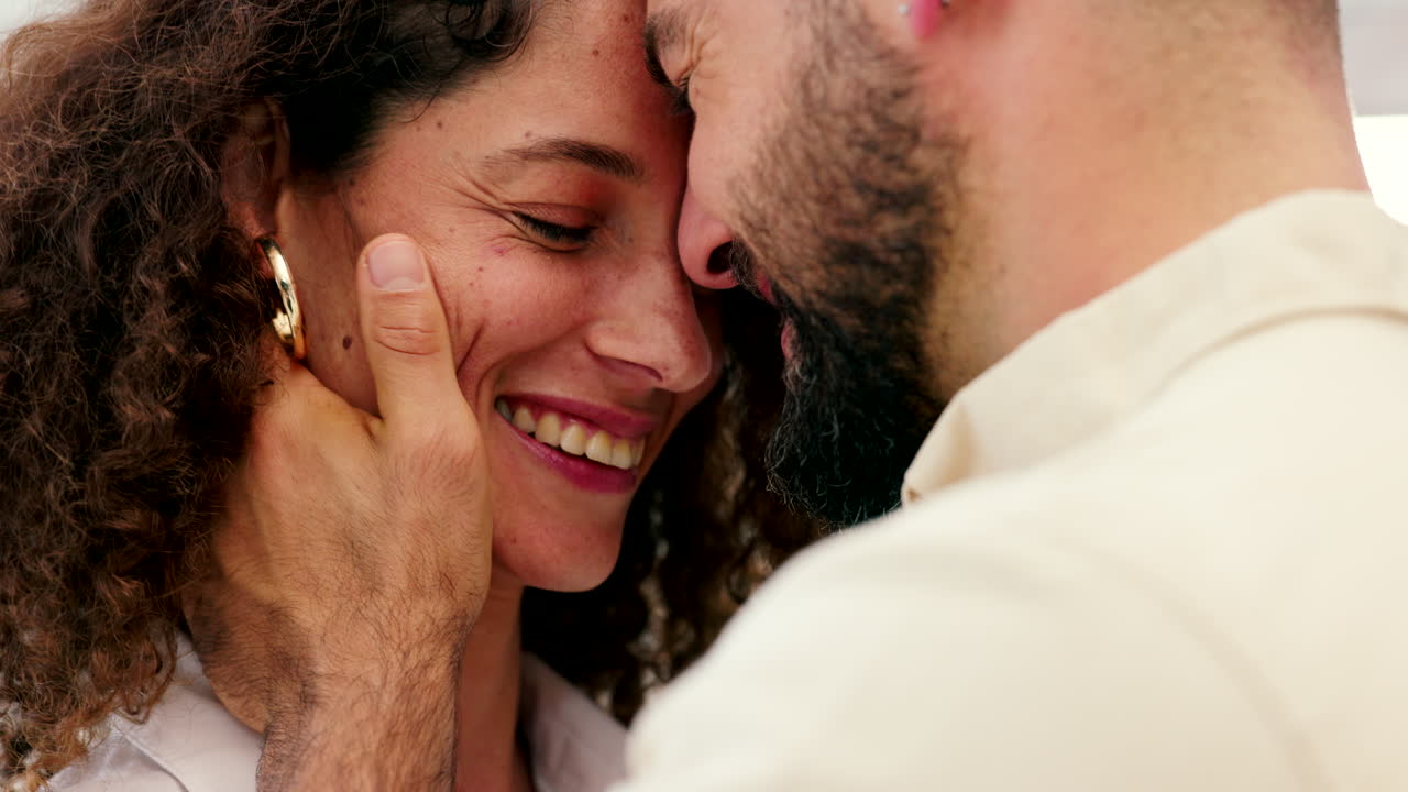 Happy, love and couple hug