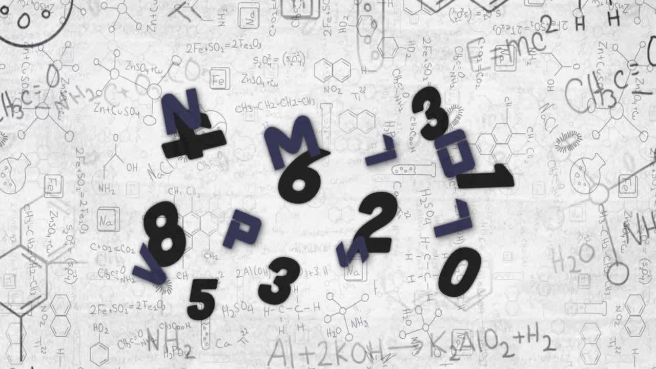 animación digital de múltiples números y alfabetos flotando contra las estructuras químicas en ba blanco