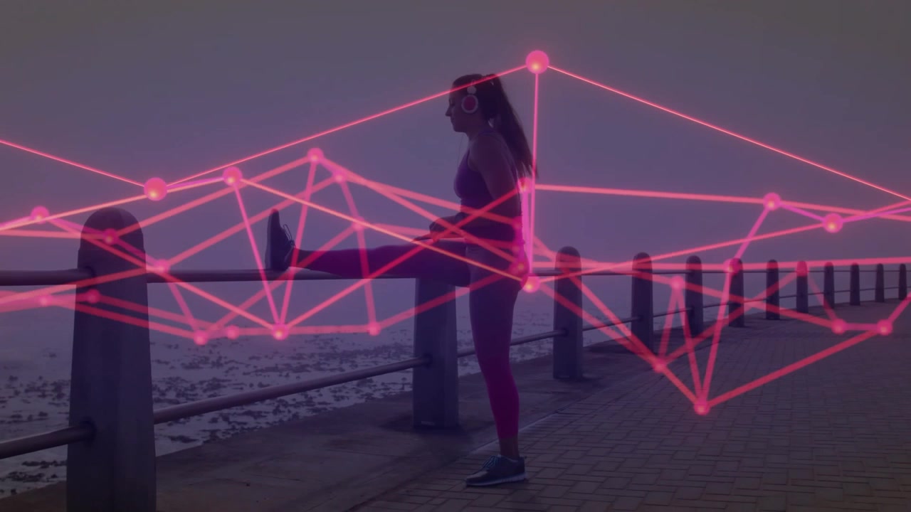 Woman shifting onto left leg, placing foot on rail, performing fitness stretch, red network pulsing