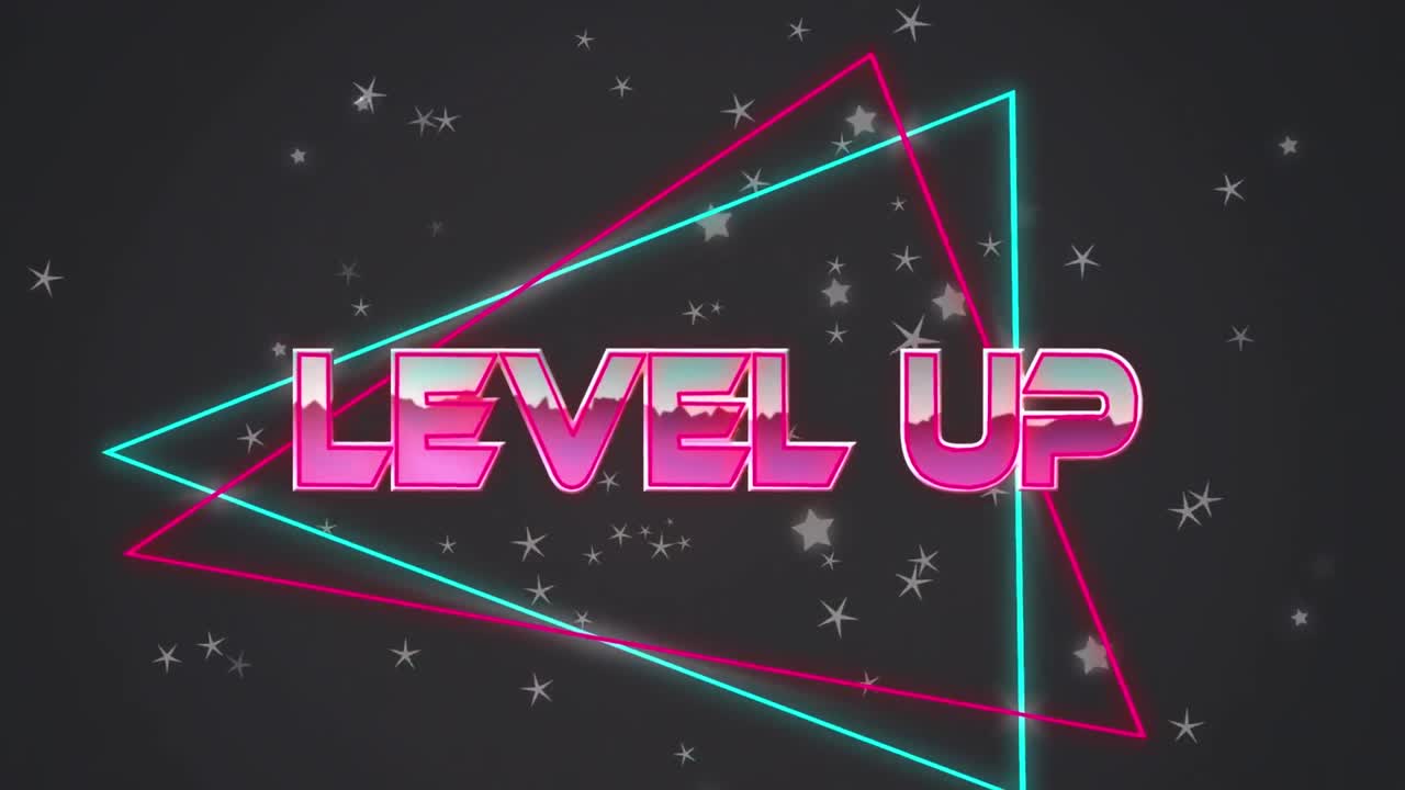 어두운 배경에 기하학적 모양 위에 레벨 업 텍스트의 애니메이션