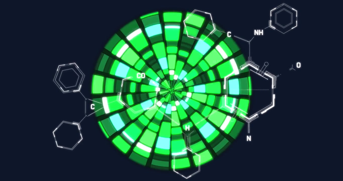 Animation of green light circle and hexagons on black background