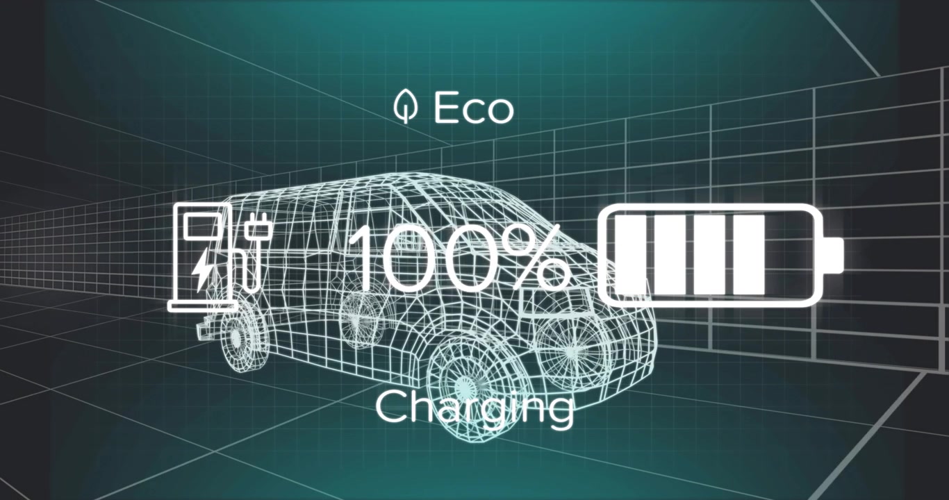 Quando la batteria raggiunge il 9%, un furgone wireframe, con barre della batteria che si riempiono e poi si svuotano per mostrare il ciclo di ricarica Eco.