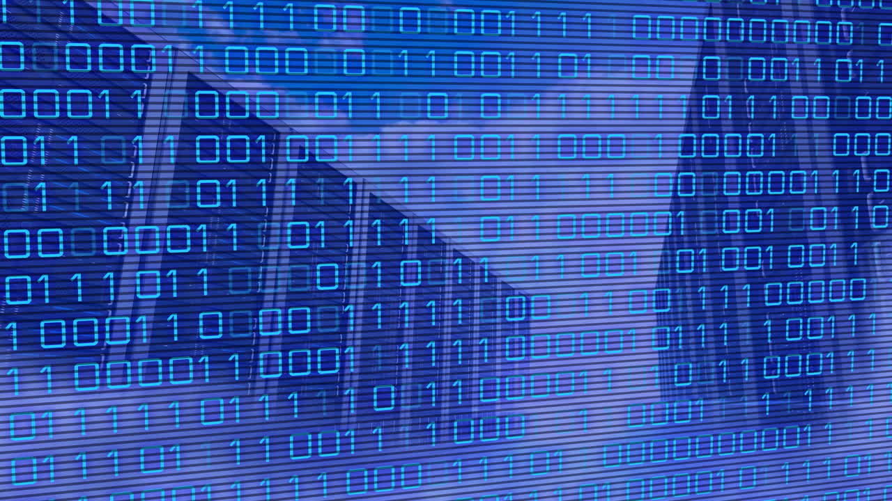 Animation of binary coding against computer servers in the sky