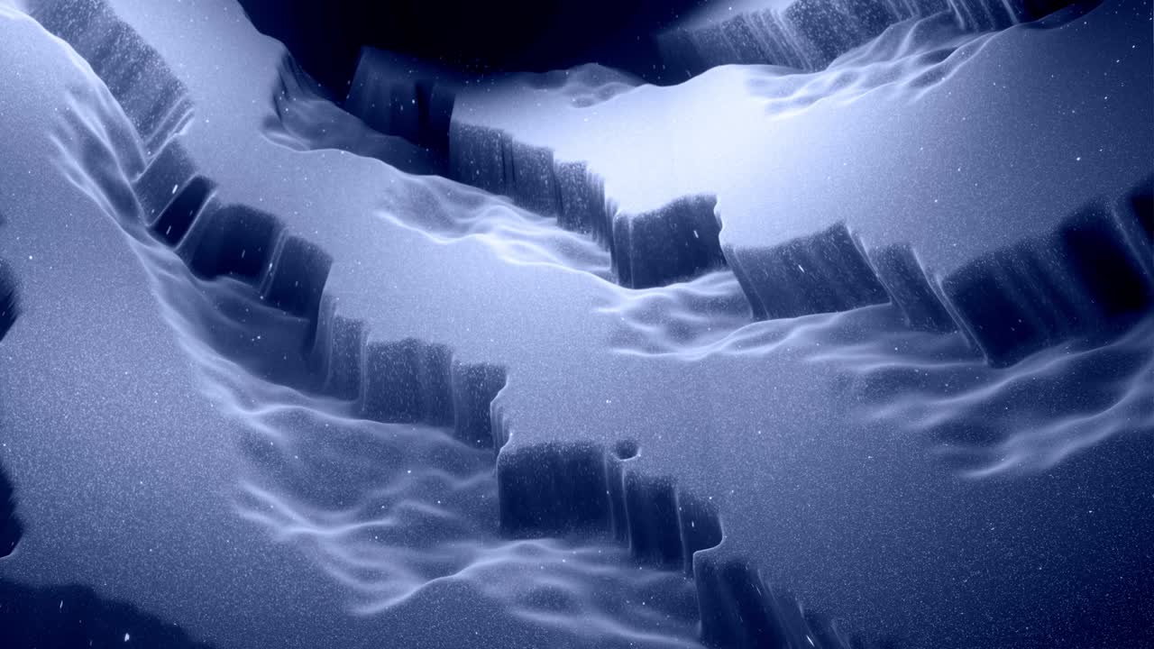 Stylish festive black bg. Fantastical abstract looped background, waves move on glossy surface like landscape made of liquid blue wax with sparkles. Beautiful soft background with smooth animation 4k