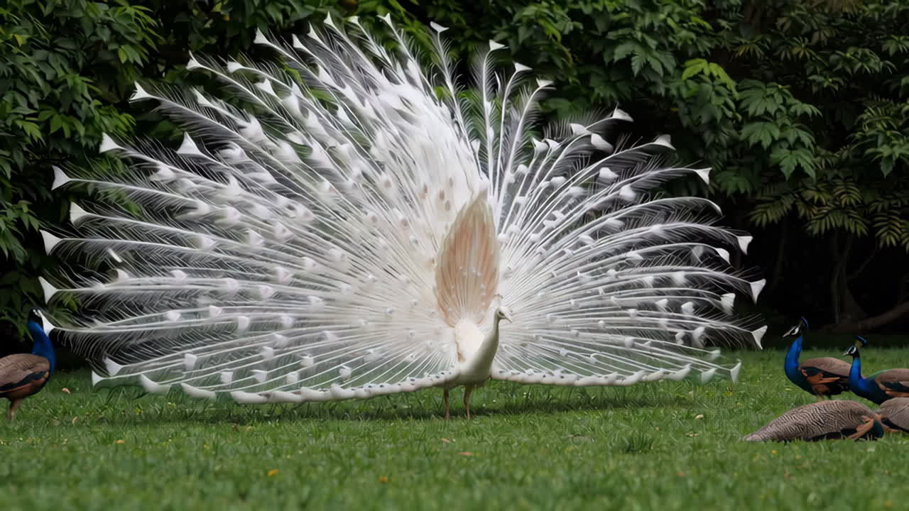 White Peacock Displaying its Feathered Train