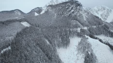 Vista-Aérea-De-Un-Paisaje-Invernal-Alpino-Con-Enormes-Montañas