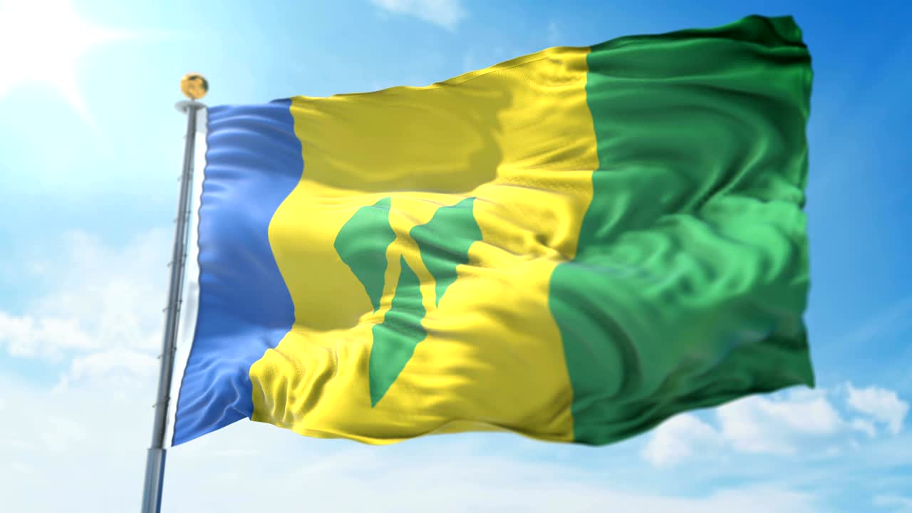 Saint Vincent and the Grenadines flag seamless looping 3D rendering video. Beautiful textile cloth fabric loop waving