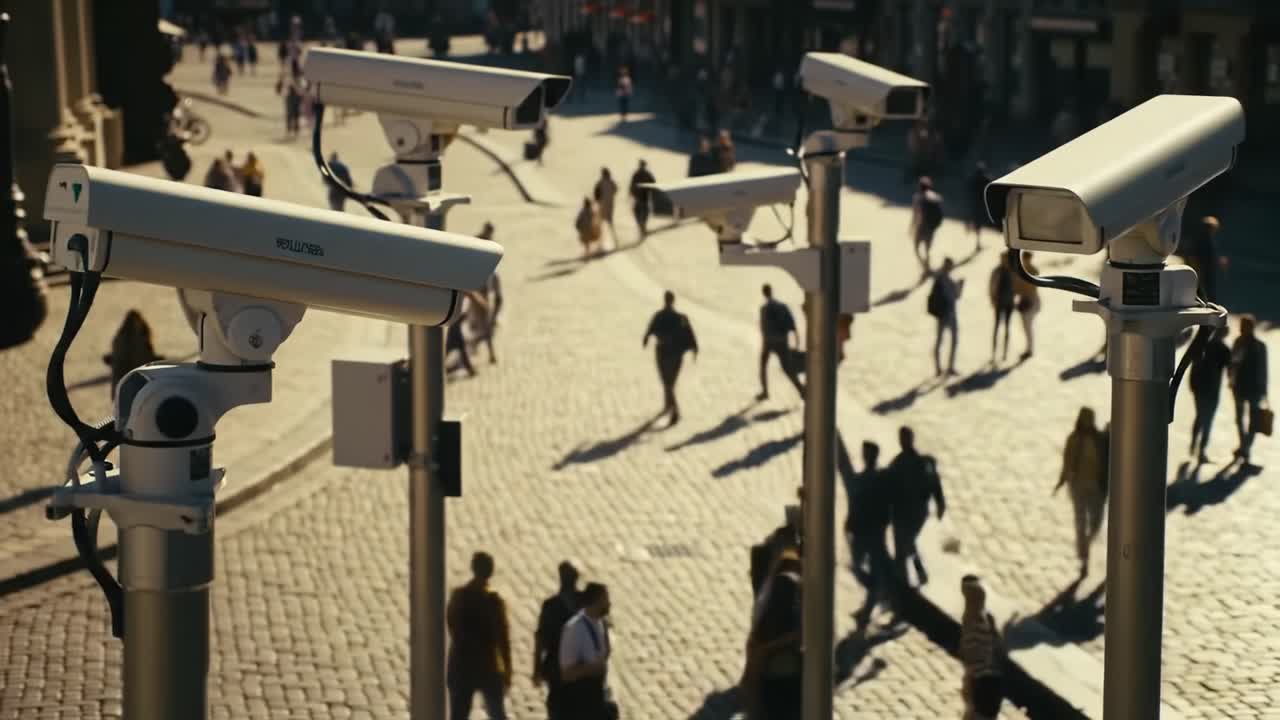 Surveillance Footage: Urban Scene Captured by Multiple Cameras Monitoring Pedestrian Activities in a Bustling City Environment