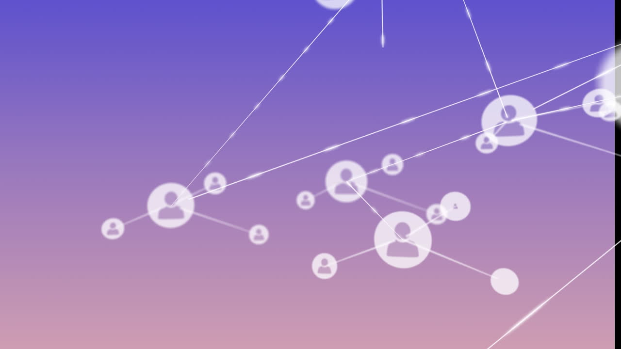 색의 배경 위에 이동하는 선과 연결되는 그래픽 프로파일 아이콘의 애니메이션