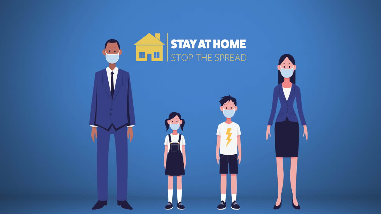 마스크를 착용한 가족과 함께 집에서 격리하십시오 코로나바이러스.