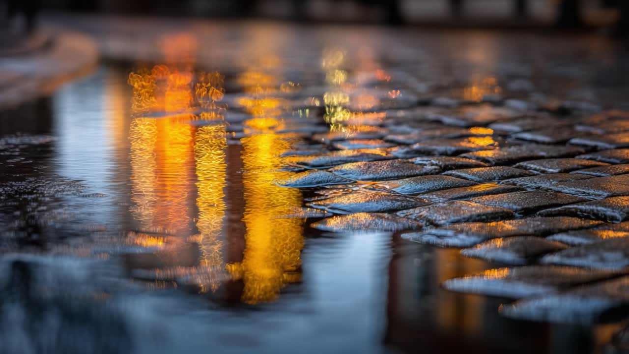 Captivating Reflections: A Close-Up View of Rain-Drenched Cobblestones Illuminated by Vibrant City Lights, Creating a Stunning Blend of Color and Texture