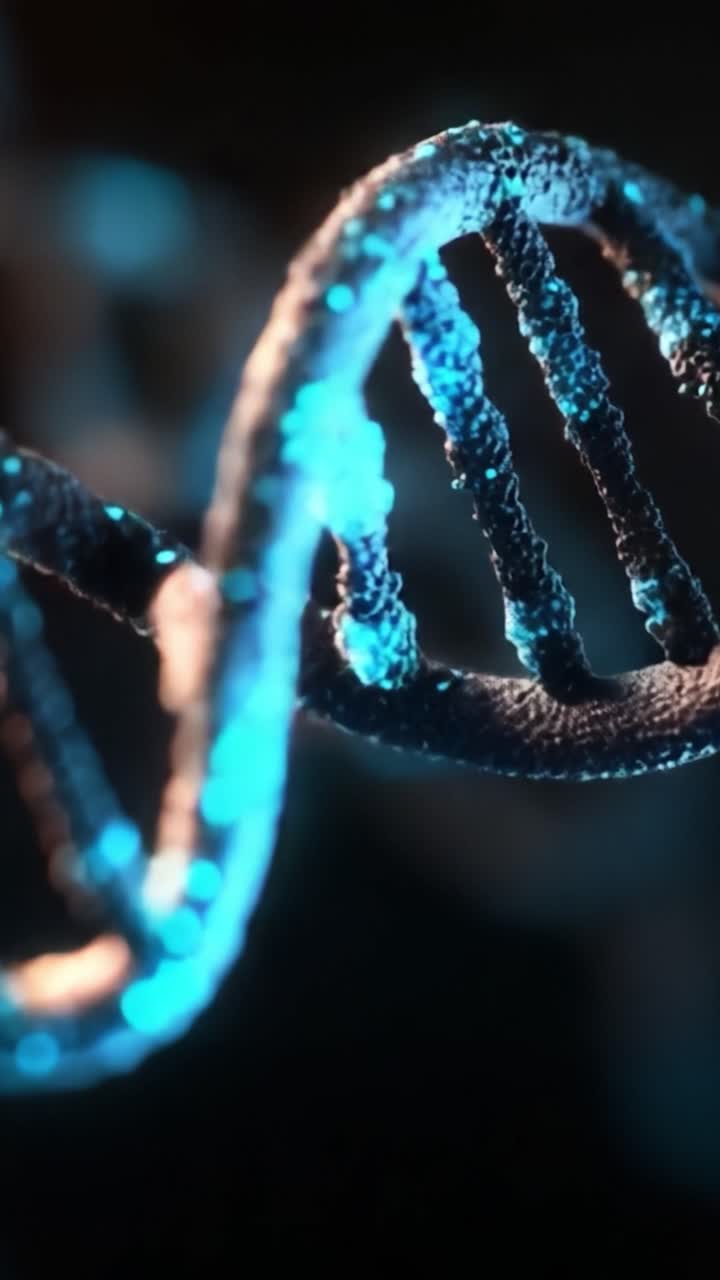 Uno sguardo intimo a strutture eleganti: una vista microscopica di motivi scintillanti e iridescenti che assomigliano a eliche di DNA con un'estetica mozzafiato blu-nera.