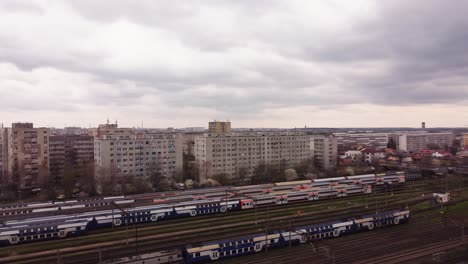 aerial view of old passenger train near concrete blocks