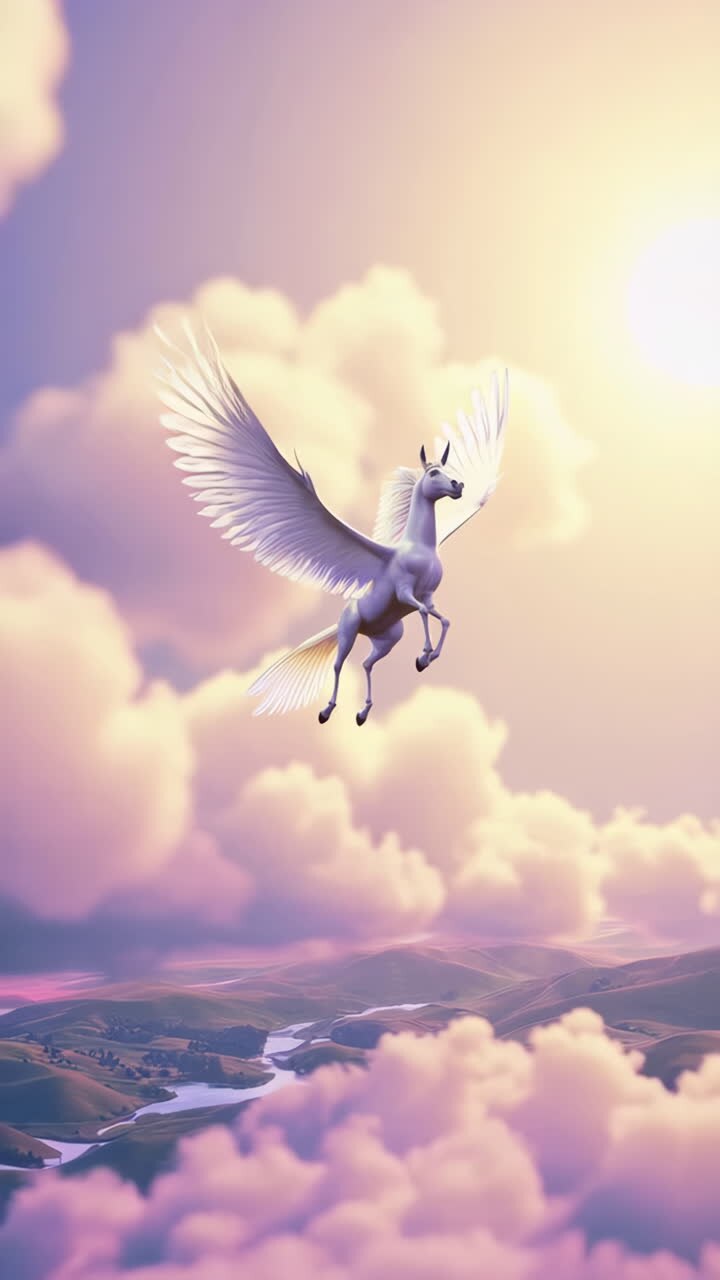 Pegaso in volo attraverso nuvole oniriche