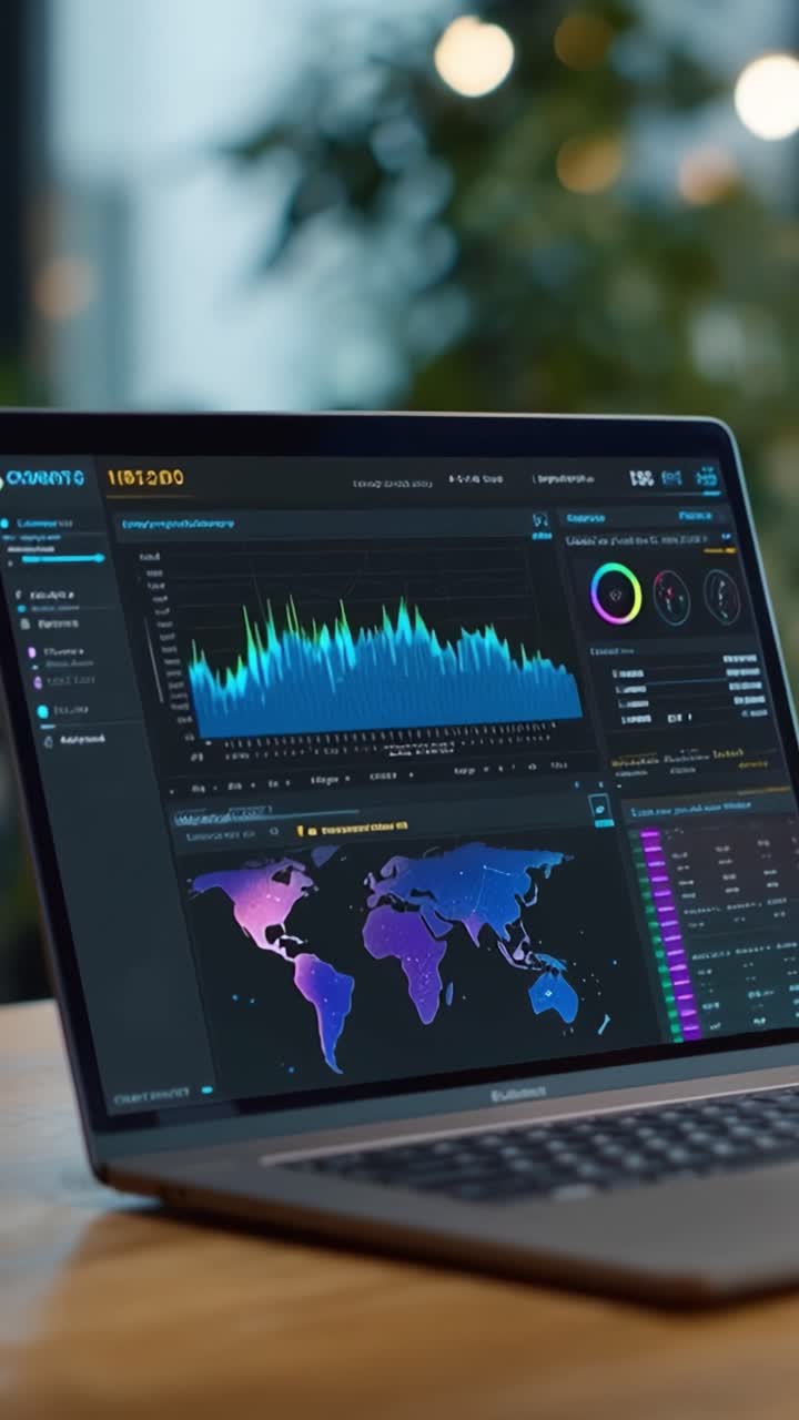 Data Analysis Dashboard Visualization on Laptop Screen with Global Metrics and Graphs Displaying Insights and Trends in Analytical Software Interface