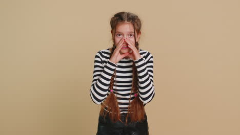 child girl kid whisper news rumors holding hands near mouth share gossip quiet keep my secrets