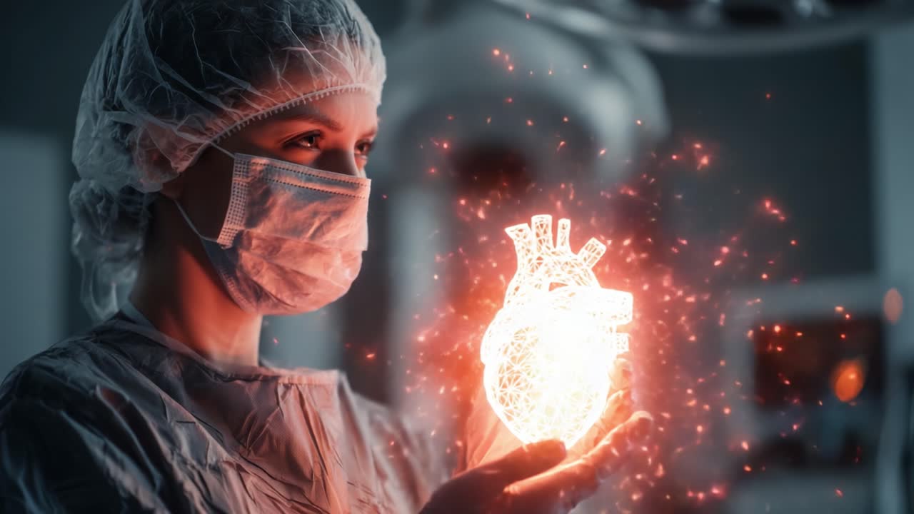 Un medico analizza un modello di cuore incandescente, che simboleggia l'innovazione nella cardiochirurgia e la tecnologia sanitaria avanzata in un ambiente chirurgico