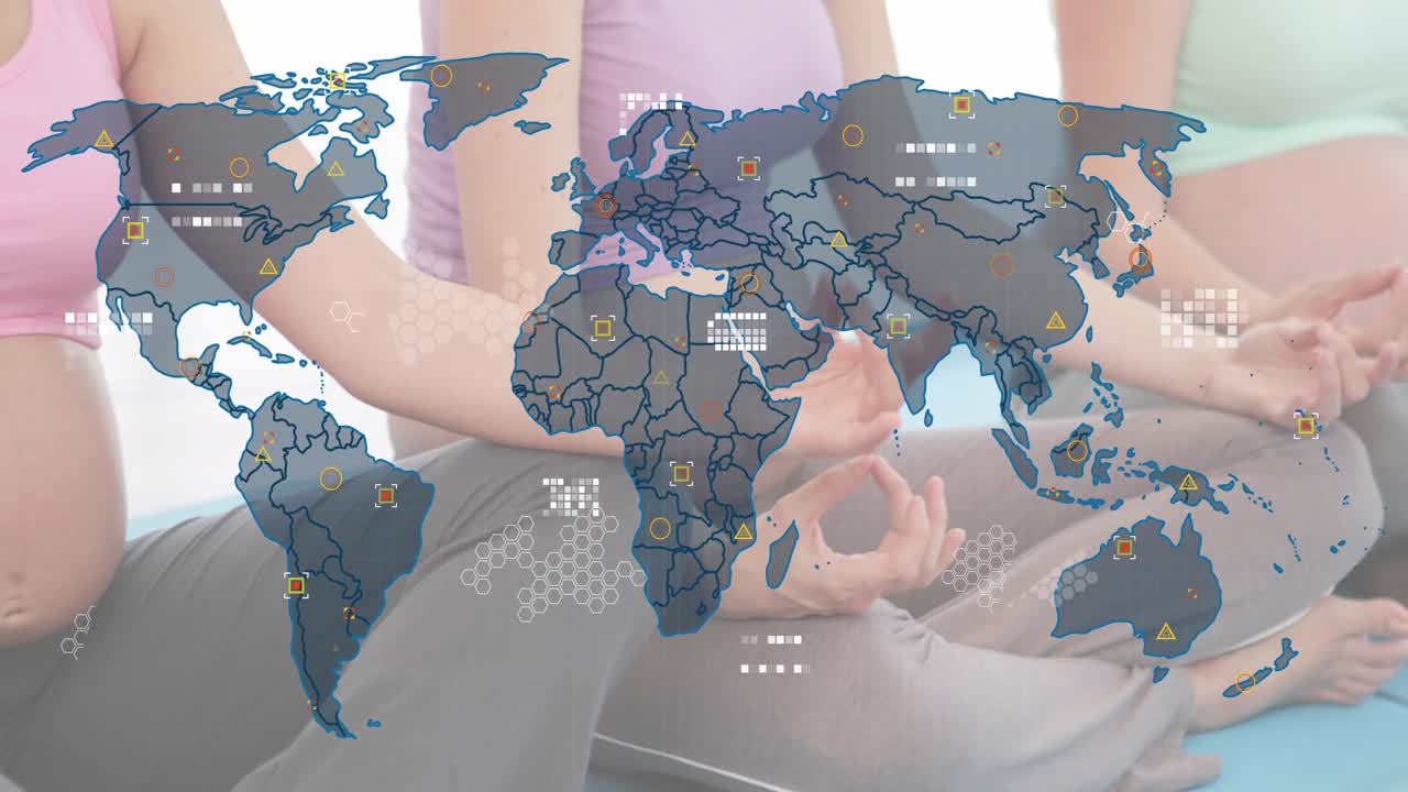 Three pregnant women on mats practicing prenatal yoga, world map appearing initiating data nodes