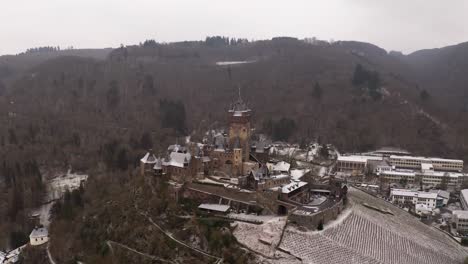 Aerial-drone-of-German-river-village-and-castle---graded