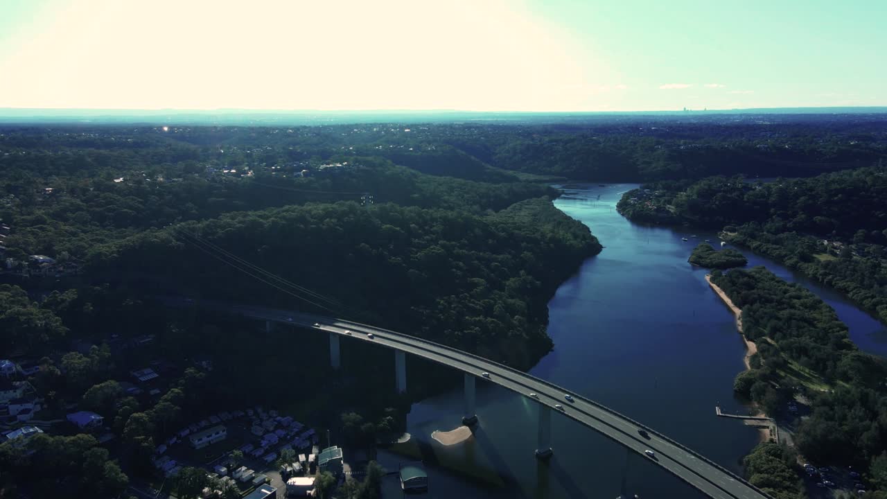 Aerial drone view of Woronora River Bridge across Woronora River in the Sutherland Shire, South Sydney, NSW