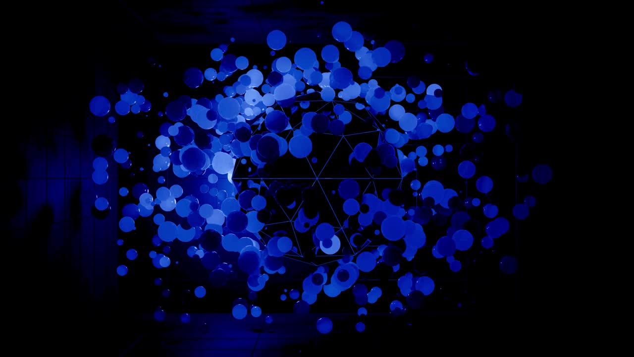 푸른 색조의 구의 추상적인 4k 배경, led와 같은 공이 공중에 매달려 있고 밝고 세련된 배경으로 꺼집니다.