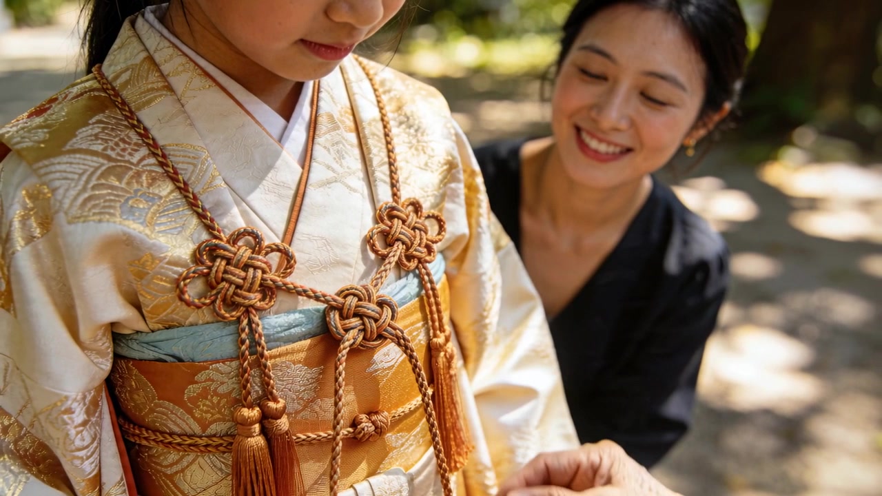 儀式のため、庭で年長者の手が子供の着物の紐を配置し、締め、形を整えている。