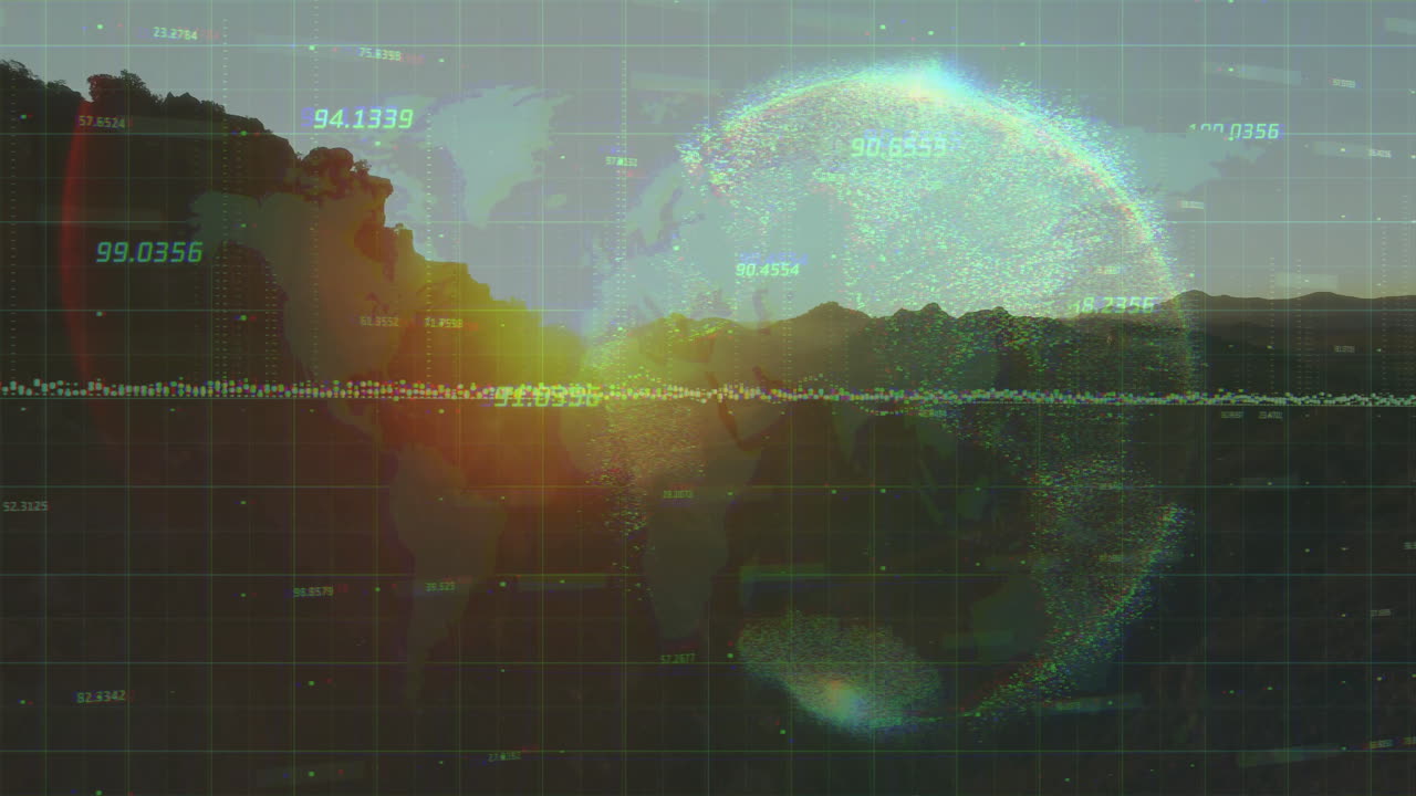 Merging tranquil lake sunset reflection with floating 3D dotted globe and grid data waveform