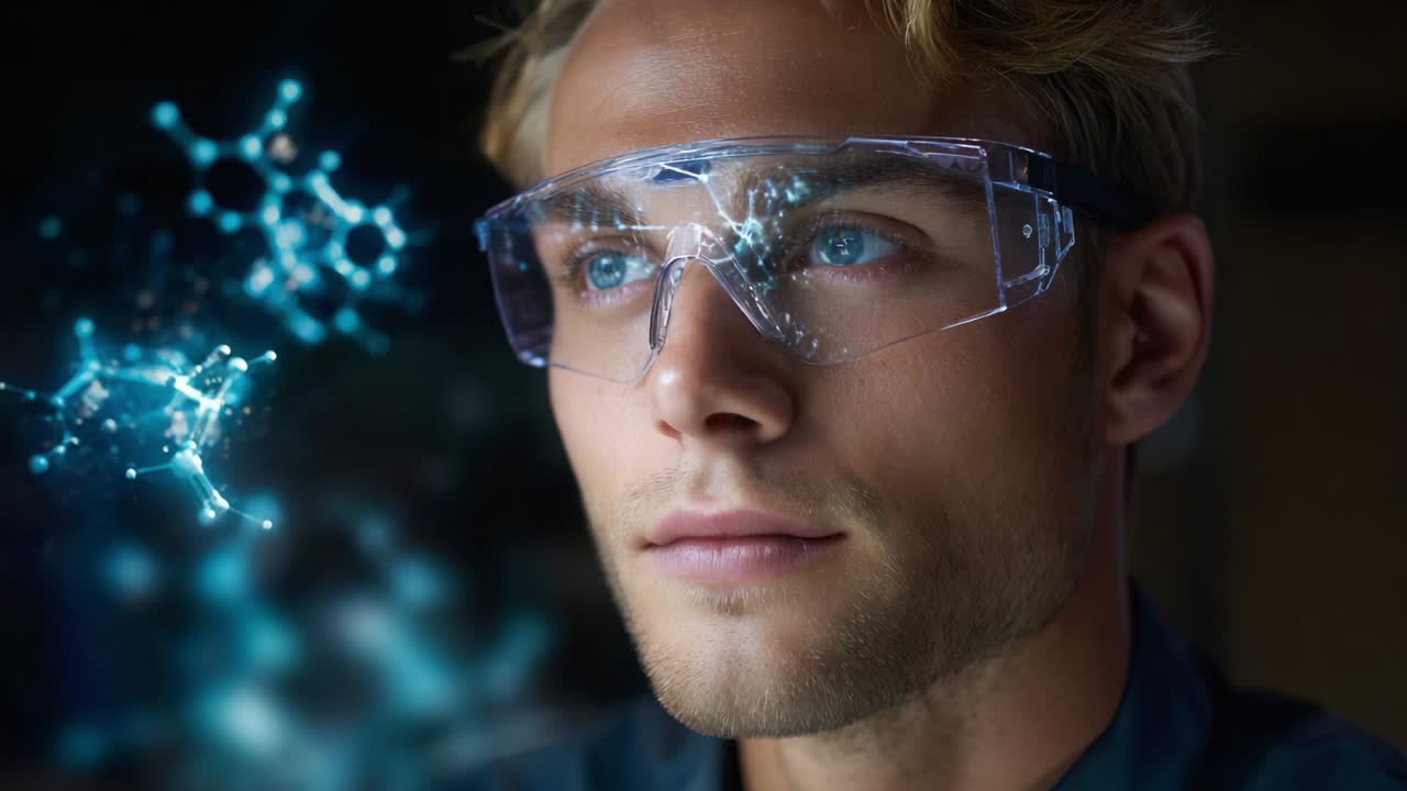 A Thoughtful Scientist Analyzing Molecular Structures Through Lenses: A Visual Journey into the Intersection of Technology and Scientific Discovery in a Modern Research Environment