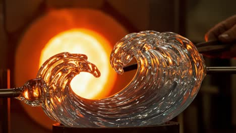 artisanal glassblowing: creating a stunning wave sculpture with fiery precision and skilled craftsmanship in a glass studio setting