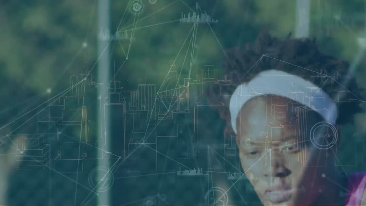 Animation of network of connections with data processing over african american woman playing tennis