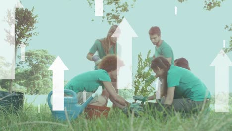 animation of arrows icons over happy diverse group planting tree in countryside