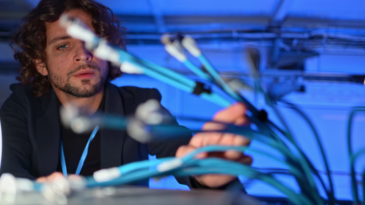 Man analysing cables in a data center