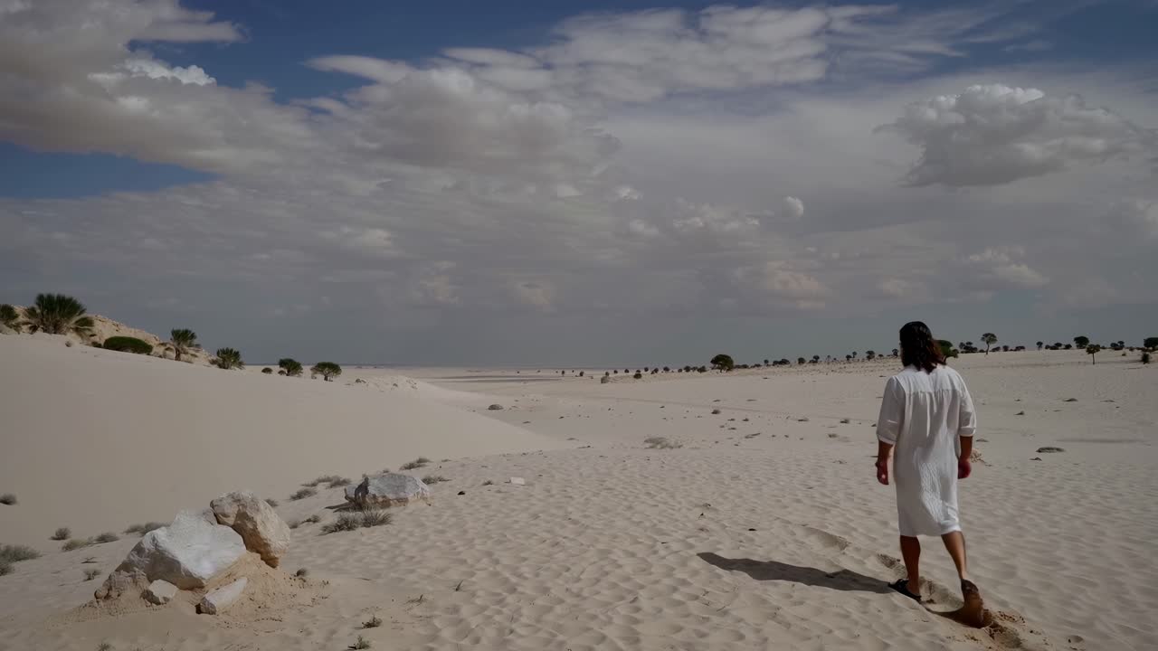 A person in a white robe walks through a vast desert landscape under a cloudy sky