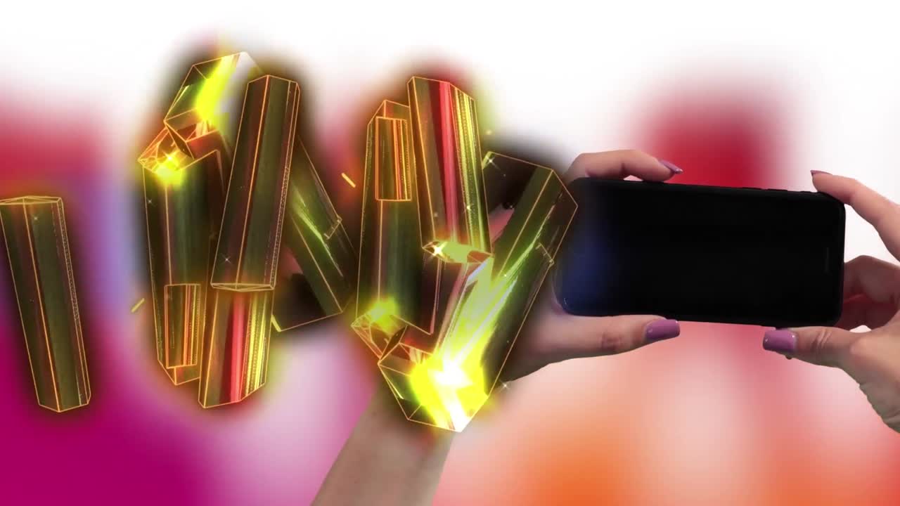 animación de diamantes que se mueven sobre un fondo rojo y un teléfono inteligente en la mano con espacio de copia