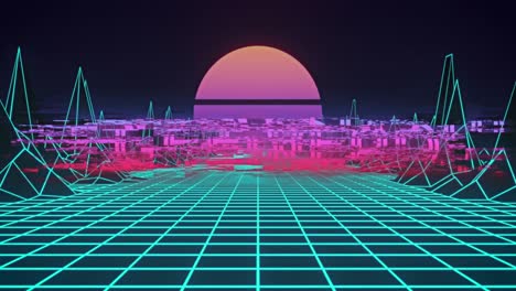 animation of neon flickering game over text over glowing pink sun and blue grid