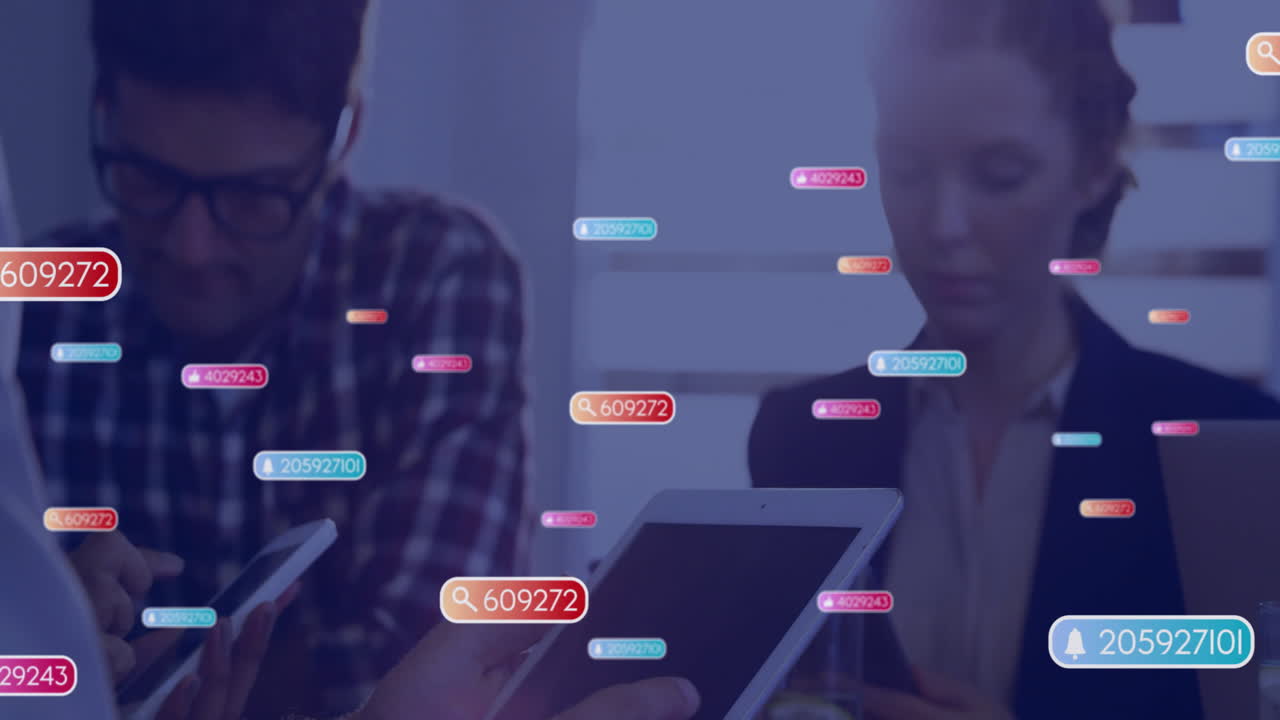 Using tablets, people surrounded by colorful animation bubbles in school setting