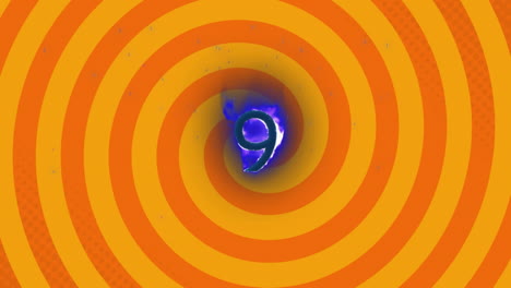 digital animation of flame effect over number nine against spinning spirals on yellow background