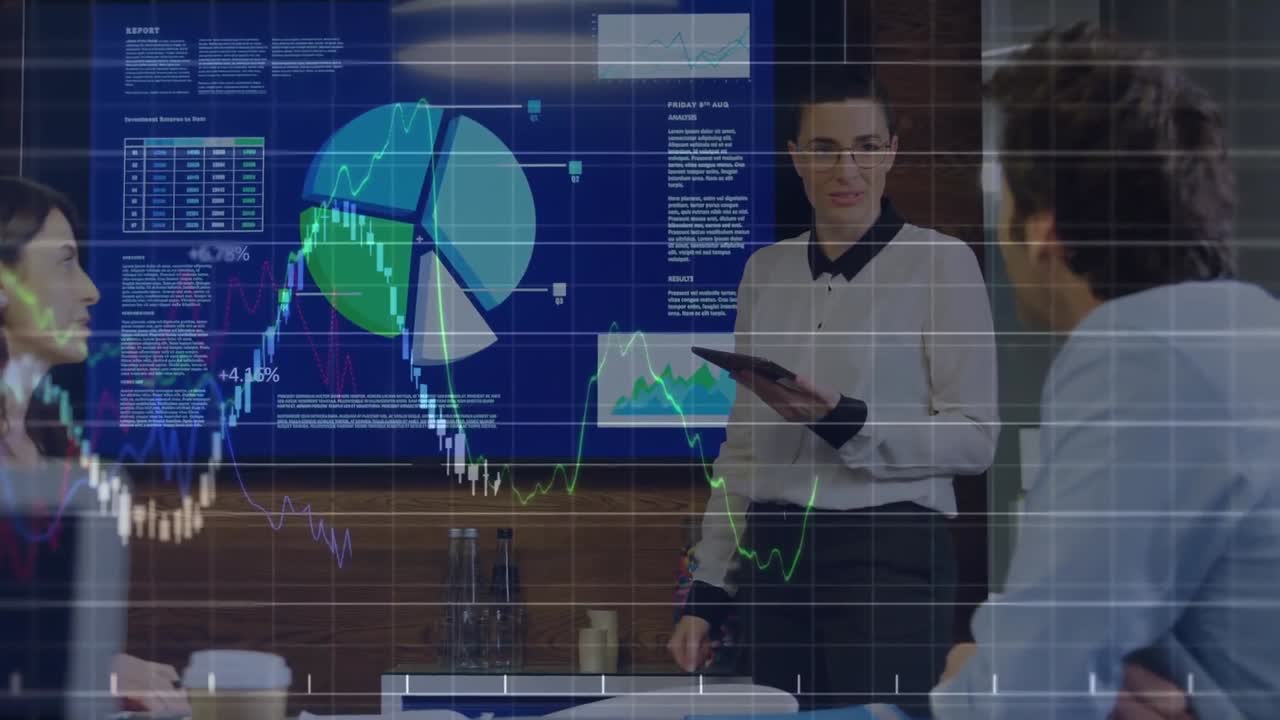 Animation of financial data processing over diverse business people having meeting at office