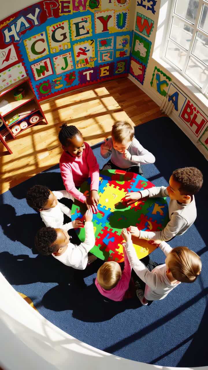Children playing with colorful puzzles in a classroom