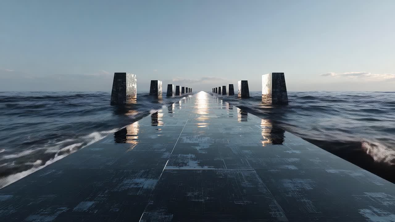 A Serene Pathway Over Water: Captivating Perspective of a Modern Pier Against a Calm Ocean with Reflective Surface Under a Tranquil Sky Inviting Exploration and Reflection