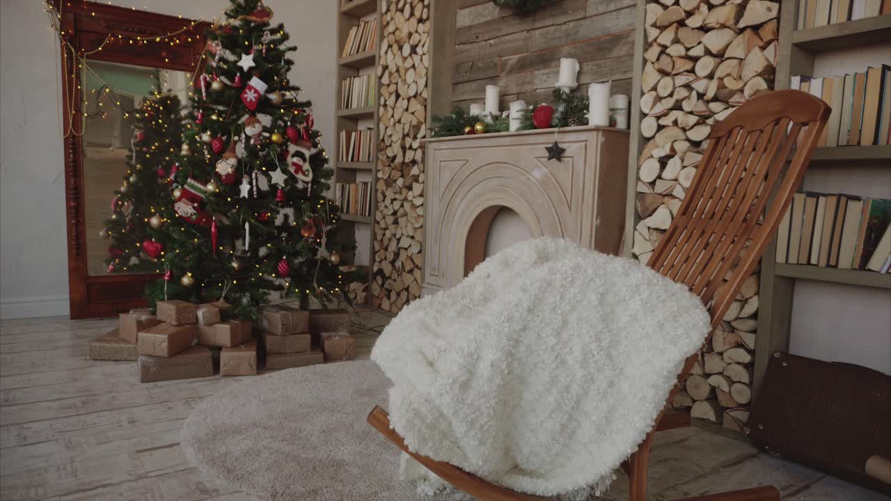 Cozy Christmas Living Room with Fireplace and Christmas Decorations