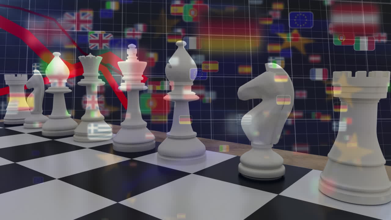 체스판 에 있는 체스 조각 들 에 대항 하여 여러 나라 의 발 이 떠다니고 있다