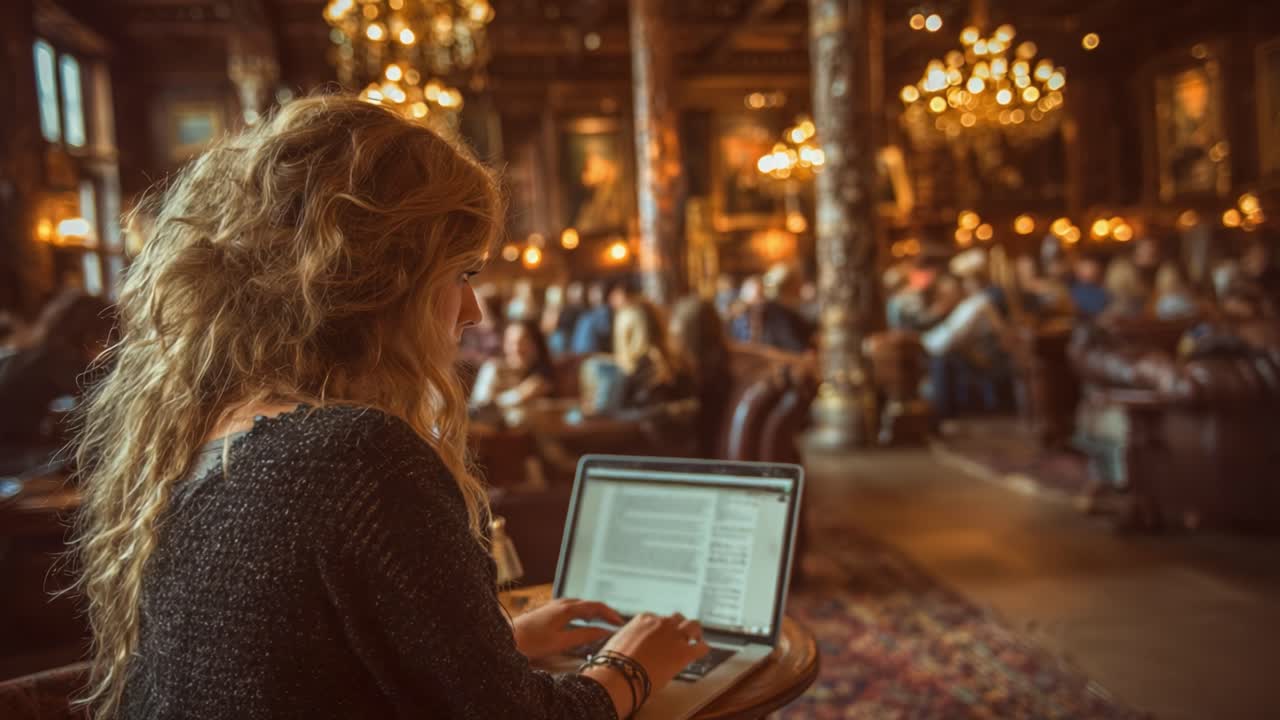 A contemplative moment in a lavish library, featuring a woman working intently on her laptop amid the soothing ambiance of an elegant space filled with gathering intellectuals