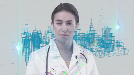 Doctora-Contra-El-Modelo-De-Ciudad-En-3D-Sobre-Fondo-Blanco.