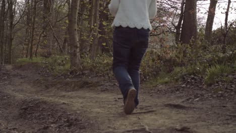 Mujer-Camina-Por-El-Camino-Del-Campo-A-Través-De-Una-Amplia-Toma-Panorámica-Del-Bosque