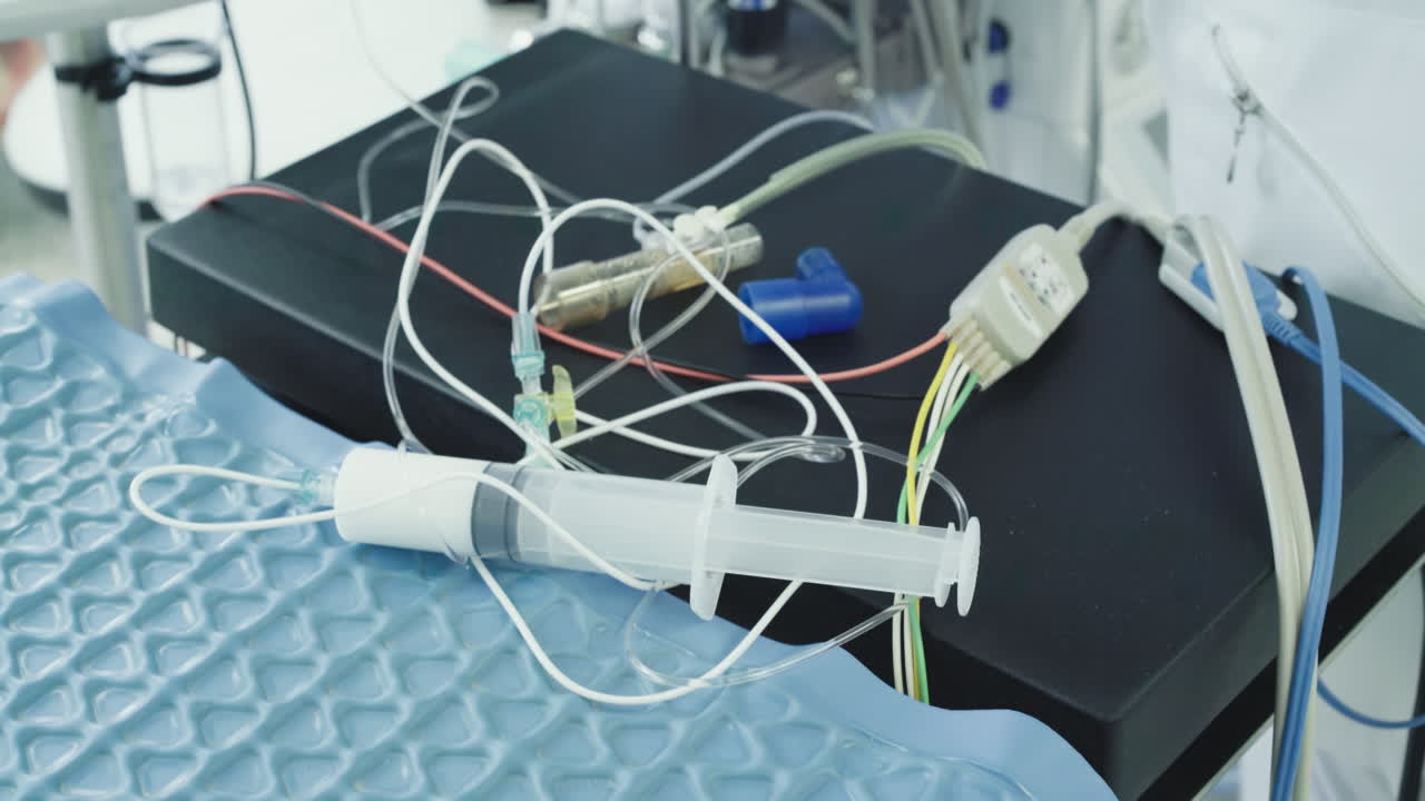 limpiar las manos de la enfermera quitar los dispositivos. el trabajador médico responsable coloca las partes de la cámara de goteo en la mesa limpieza de la sala de operaciones después de una cirugía exitosa